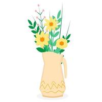 Jug with flowers and leaves in a flat style vector