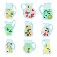 A set of summer cocktails in jugs. Drink with berries, fruits and mint leaves vector