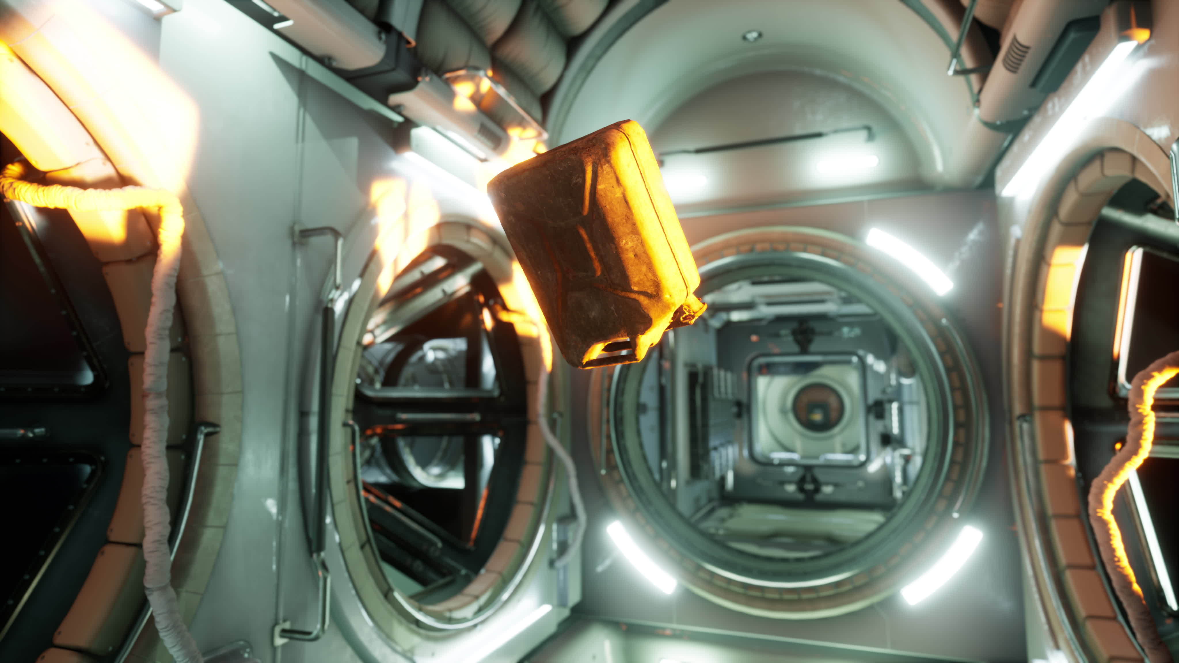 old fuel canister floating in internation space station 7659193 Stock