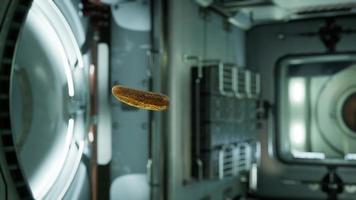 concombre mariné mariné flottant dans la station spatiale internationale video