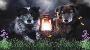 couple de chiens se reposant devant une lampe allumée. video