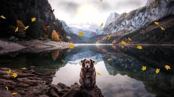 perro en las montañas en un día de otoño.