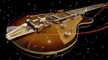 3d animation of a guitar traveling in outer space