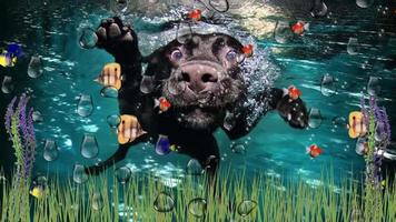 Funny scene of a dog swimming inside a fish tank. video