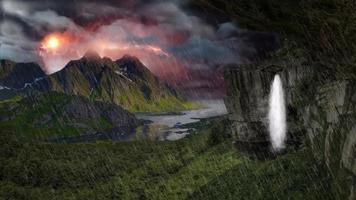 Mountain with waterfall in stormy day video