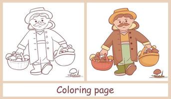 Cute character of a mushroom picker. Grandpa with two baskets of various mushrooms. Line art. Coloring for children and color drawing for example vector