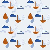 Seamless pattern of abstract minimalist elements. Simple shapes, boat with sail, clouds in the sky, water vector