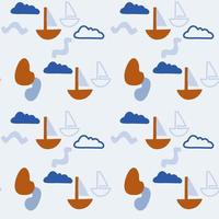 Seamless pattern of abstract minimalist elements. Simple shapes, boat with sail, clouds in the sky, water vector