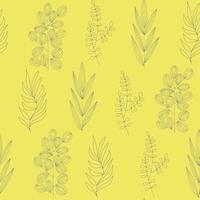 Seamless pattern of different types of field grasses and branches. Plant ornament from elements line art vector