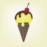 Ice cream with flat vector illustration in cartoon style. Yellow ball of melting ice cream in a waffle cone. Dark chocolate and ripe cherries on top