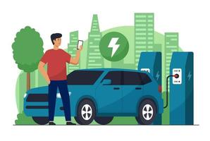 People with Electric Car at Charging Station vector