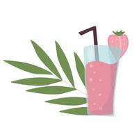 Summer refreshing fruit cocktail. Non-alcoholic drinks in a simple glass glass and straw. Fresh smoothies and slices of fresh fruit against a backdrop of palm leaves vector