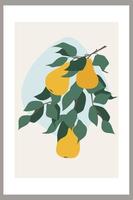 Pears on a branch with leaves. Template with abstract composition of simple shapes and fruits vector