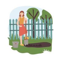 una mujer con una pala cavando en un huerto. trabajo agrícola y agrícola en el jardín. temporada de jardinería, trabajando la tierra. cosechando papas. vector