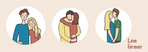 Romantic couples. A set of cute vector characters. Young guy and girl in love and hugging. A scene of tenderness and display of feelings.