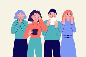 A group of people with the first signs of illness. Symptoms of a viral or cold illness. Vector flat characters with headache, cough and runny nose and high fever