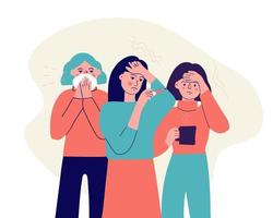 A group of people with the first signs of illness. Symptoms of a viral or cold illness. Vector flat characters with headache, cough and runny nose and high fever