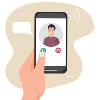 una mano sostiene un teléfono inteligente con una llamada entrante. retrato de una persona de contactos en la pantalla del teléfono. aplicaciones móviles y tecnología de internet vector