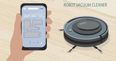 una aplicación de teléfono inteligente para controlar la aspiradora robot. modernos electrodomésticos inteligentes para limpiar apartamentos. electrodomésticos inteligentes vector
