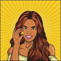 mujer comiendo palomitas de maíz vector pop art