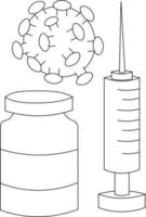 Syringe, vaccine and virus. Draw illustration in black and white vector