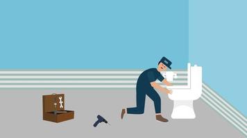 Male plumber fixing toilet with his tools 4K animation. Home plumbing service with man flat character footage. Plumber fixing a standard toilet pipe inside a home with his toolbox animated video. video