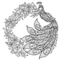 Peacock and wreath of flowers hand drawn for adult coloring book vector