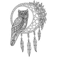 Owl and dreamcatcher hand drawn for adult coloring book vector