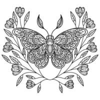 Butterfly and flower leaf hand drawn for adult coloring book vector