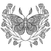 Butterfly and flower leaf hand drawn for adult coloring book vector