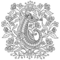 Sea horse and flowers hand drawn for adult coloring book vector