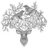 Deer and birds hand drawn for adult coloring book vector