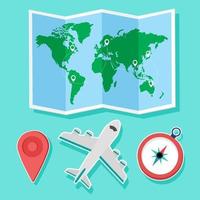 vector de mapa mundial con punto de ubicación. diseño vectorial plano para viajes mundiales. vista superior del símbolo de ubicación del mapa global, avión, mapas y brújula