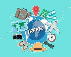 World travel. top view of global map and baggage for vacation. concept of vacation with location symbol, passport, ticket, airplane, luggage, maps, camera, sandal, hat and compass. flat design vector