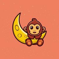 Cute monkey with sickle moon cartoon vector illustration