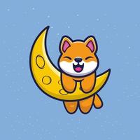 lindo perro shiba inu con ilustración de vector de dibujos animados de luna hoz