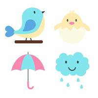 conjunto de elementos de resorte. pájaro azul, pollito en huevo, paraguas y nube sonriente con gotas de lluvia. impresión para paquete de pegatinas, ropa, textil, diseño y decoración de temporada. ilustración en colores pastel vector