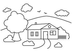 Line art landscape, village house, trees, plants, clouds and birds. Stroke, outline drawn illustration. Farm, agricultural landscape. Summer time, nature illustration vector