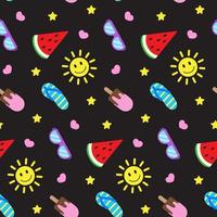 Summer seamless pattern, colorful elements on dark board. Smiling sun, watermelon, sunglasses, and ice creams. Vector illustration in flat style. Print for textile, wrapping paper, design and decor