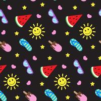 Summer seamless pattern, colorful elements on dark board. Smiling sun, watermelon, sunglasses, and ice creams. Vector illustration in flat style. Print for textile, wrapping paper, design and decor