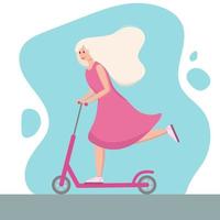 Young woman with beautiful blonde hair riding kick scooter. Nice girl in pink dress. Sports outdoor activity, active vacation. Personal electric and eco urban transport. Healthy lifestyle concept vector