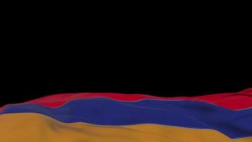 bandera de tela de armenia ondeando en el bucle de viento. pancarta de tela cosida con bordado armenio que se balancea con la brisa. fondo negro medio relleno. lugar para el texto. Bucle de 20 segundos. 4k video