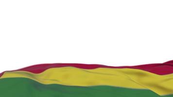 Bolivia fabric flag waving on the wind loop. Bolivian embroidery stiched cloth banner swaying on the breeze. Half-filled white background. Place for text. 20 seconds loop. 4k video