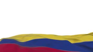 Colombia fabric flag waving on the wind loop. Colombian embroidery stiched cloth banner swaying on the breeze. Half-filled white background. Place for text. 20 seconds loop. 4k video