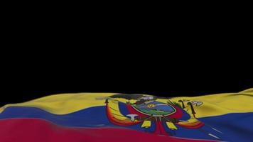 bandeira de tecido do Equador acenando no loop de vento. bordado equatoriano bandeira de pano costurada balançando na brisa. fundo preto meio preenchido. lugar para texto. Ciclo de 20 segundos. 4k video