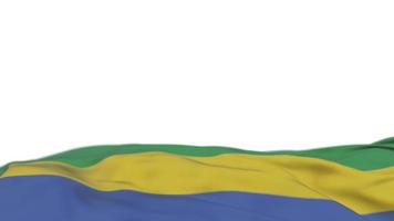 gabon tygflagga vajar på vindslingan. gabonesisk broderi sticked tyg banner vajande på vinden. halvfylld vit bakgrund. plats för text. 20 sekunders loop. 4k video