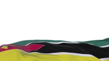 Mozambique fabric flag waving on the wind loop. Mozambican embroidery stiched cloth banner swaying on the breeze. Half-filled white background. Place for text. 20 seconds loop. 4k video