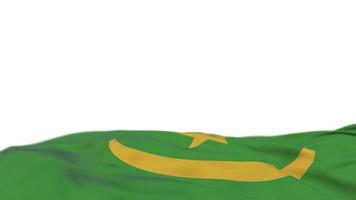 Mauritania fabric flag waving on the wind loop. Mauritanian embroidery stiched cloth banner swaying on the breeze. Half-filled white background. Place for text. 20 seconds loop. 4k video