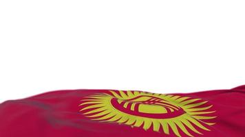 Kyrgyzstan fabric flag waving on the wind loop. Kyrgyz embroidery stiched cloth banner swaying on the breeze. Half-filled white background. Place for text. 20 seconds loop. 4k video