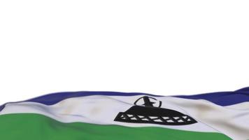 Lesotho fabric flag waving on the wind loop. Lesotho embroidery stiched cloth banner swaying on the breeze. Half-filled white background. Place for text. 20 seconds loop. 4k video